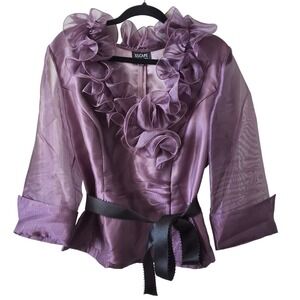 Xscape Joanna Chen 14 Ruffle Evening Blouse Sheer Sleeve Belted Mother Of Bride
